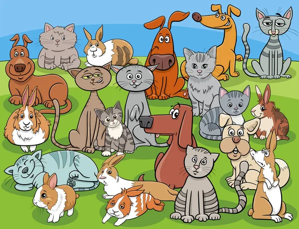 Cartoon Illustration Cats Dogs Rabbits Animal Characters Group — Stock Vector
