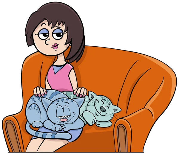 Γελοιογραφία Απεικόνιση Της Γυναίκας Τις Γάτες Της Στην Πολυθρόνα — Διανυσματικό Αρχείο