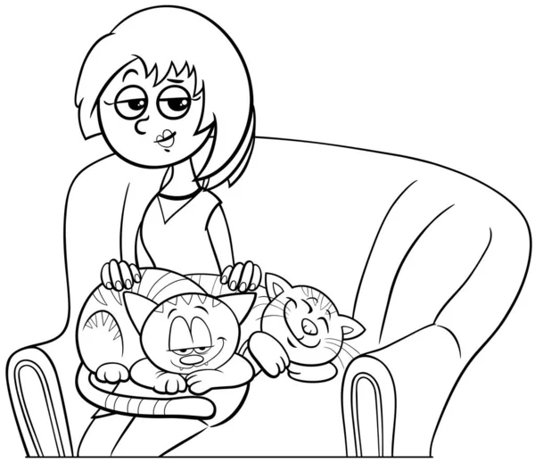 坐在扶手椅上给猫涂色的妇女的黑白卡通画 — 图库矢量图片