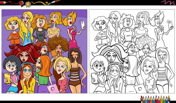 Cartoon Illustration Funny Women Comic Characters Group Coloring Page — стоковый вектор