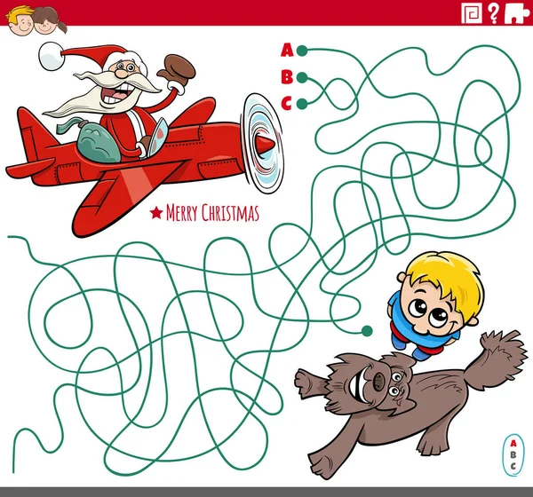 Illustration Bande Dessinée Lignes Labyrinthe Jeu Puzzle Avec Père Noël — Image vectorielle