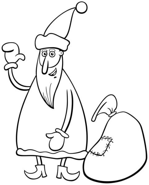 Ασπρόμαυρη Εικονογράφηση Κινουμένων Σχεδίων Του Αστείο Χαρακτήρα Santa Claus Σάκο — Διανυσματικό Αρχείο