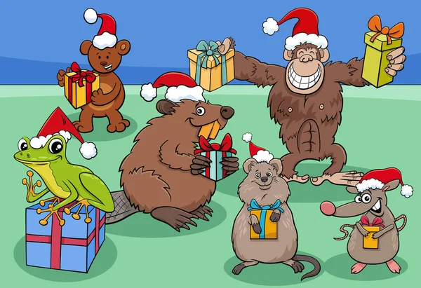 クリスマスの時間にプレゼントと面白い動物のキャラクターグループの漫画イラスト — ストックベクタ