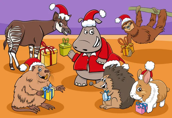 Rajzfilm Illusztráció Vicces Állati Karakterek Csoport Ajándékok Karácsonykor — Stock Vector