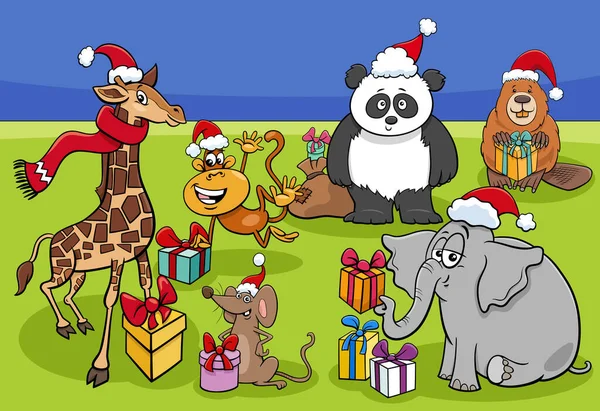 Desenhos Animados Ilustração Engraçado Grupo Personagens Animais Com Presentes Natal — Vetor de Stock