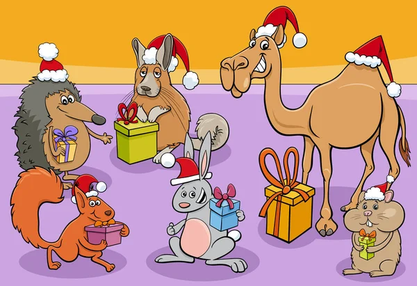 クリスマスプレゼントと面白い動物漫画のキャラクターグループの漫画イラスト — ストックベクタ