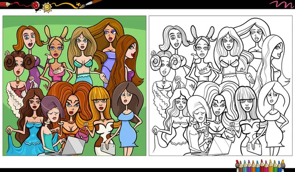 Cartoon Illustration Funny Girls Women Comic Characters Group Coloring Page — стоковый вектор