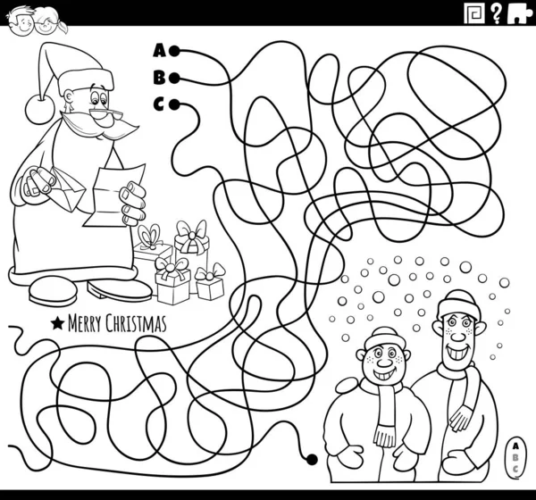 Black White Cartoon Illustration Lines Maze Puzzle Game Santa Claus — Stock Vector