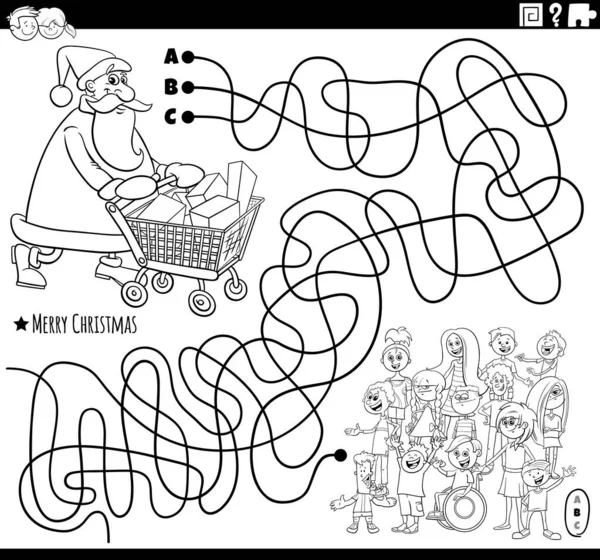 Černobílé Kreslené Ilustrace Linií Bludiště Puzzle Hra Postavou Santa Claus — Stockový vektor