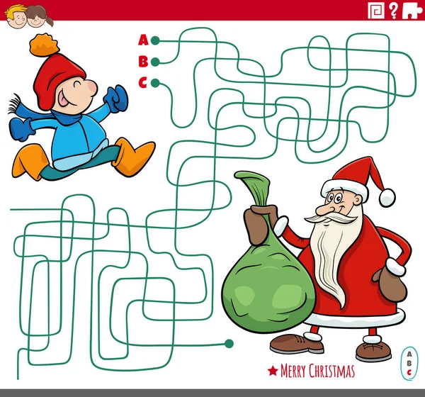 Cartoon Ilustrace Linií Bludiště Puzzle Hra Postavou Santa Claus Pytlem — Stockový vektor