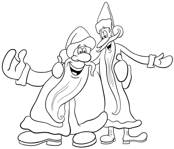 Ασπρόμαυρη Εικονογράφηση Κινουμένων Σχεδίων Δύο Χαρακτήρων Santa Clauses Τραγουδώντας Μια — Διανυσματικό Αρχείο