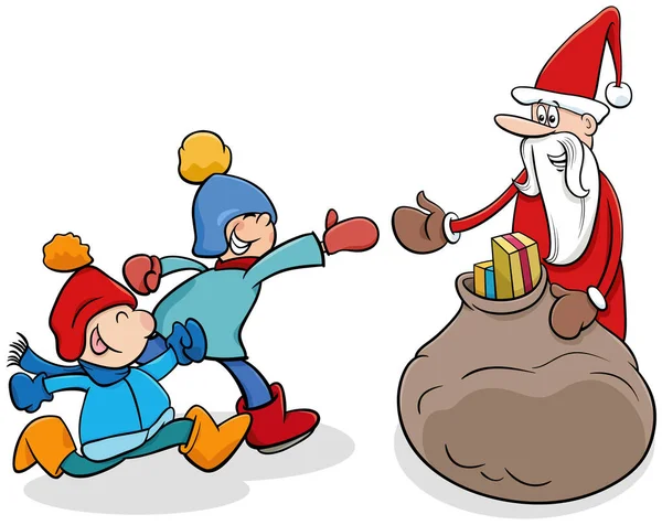 Cartoon Illustration Santa Claus Character Giving Christmas Presents Children — Stock Vector