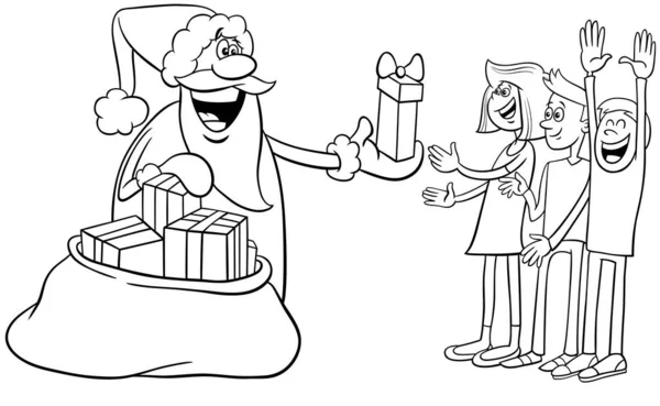 Black White Cartoon Illustration Santa Claus Character Sack Christmas Presents — Stock Vector