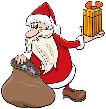 Noel Baba karakterinin Noel hediyesi ve çuvalı olan mutlu bir karikatür çizimi