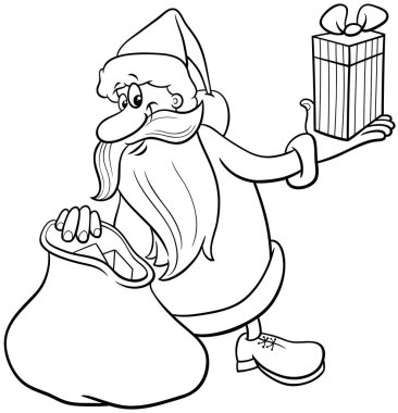 Noel Baba karakterinin Noel hediyesi ve çuval boyama sayfası olan siyah beyaz çizgi film çizimi