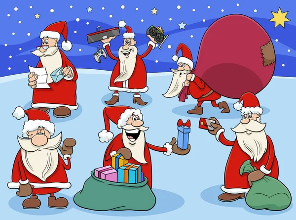 Cartoon Illustration Santa Clauses Comic Characters Group Christmas Time — Stock Vector