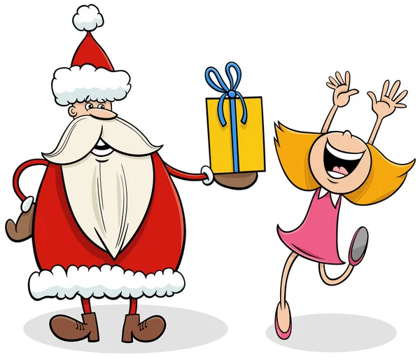 Карикатурная Иллюстрация Персонажа Санта Клауса Подарком Маленькой Девочке Рождество — стоковый вектор
