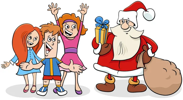 Cartoon Illustration Der Weihnachtsmannfigur Mit Sack Voller Geschenke Und Kindern — Stockvektor