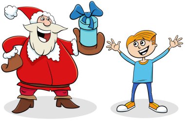 Noel Baba karakterinin karikatür çizimi Noel zamanı küçük bir çocuğa hediye veriyor.