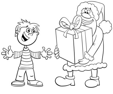 Noel Baba karakterinin karikatür çizimi küçük çocuk boyama sayfasına Noel hediyesi veriyor.