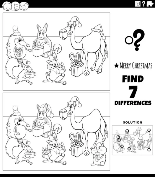 Noel Zamanı Renklendirme Sayfasında Hayvan Karakterli Çocuklar Için Eğitici Resimler — Stok Vektör