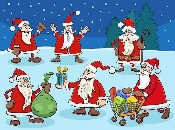 Cartoon Illustration Santa Clauses Comic Characters Group Christmas Time — Stock Vector