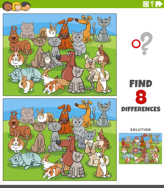 面白い犬や猫やウサギの動物のキャラクターグループと絵教育ゲームの違いを見つけるの漫画のイラスト — ストックベクタ