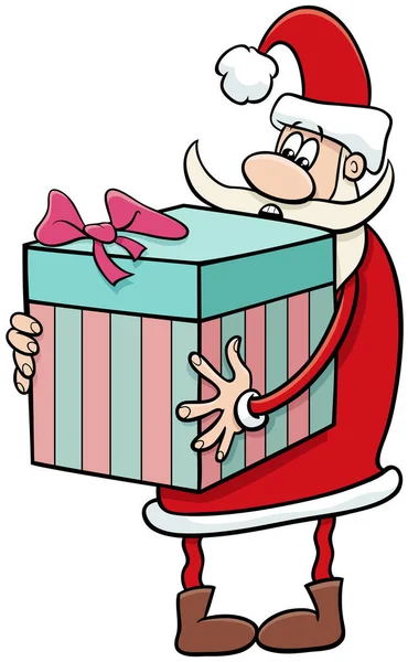 大きなクリスマスプレゼントと面白いサンタクロースのキャラクターの漫画イラスト — ストックベクタ