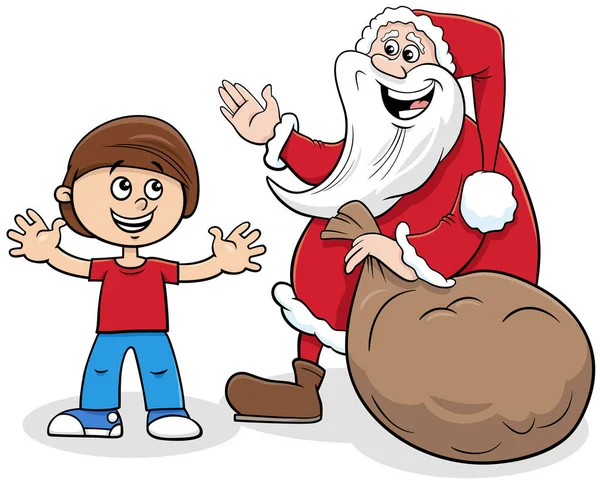 Cartoon Illustration Santa Claus Character Sack Christmas Presents Little Boy — Stock Vector