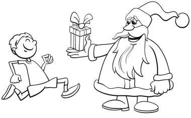 Noel Baba karakterinin siyah-beyaz çizimi bir çocuk boyama sayfasına Noel hediyesi veriyor.