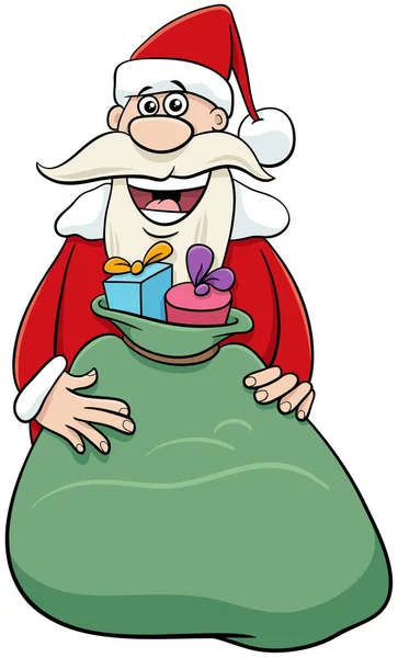 Cartoon Ilustrace Šťastný Santa Claus Charakter Pytlem Vánočních Dárků — Stockový vektor