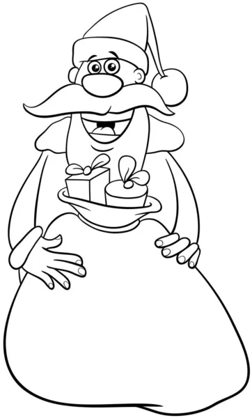 Desenhos Animados Preto Branco Ilustração Personagem Feliz Papai Noel Com — Vetor de Stock