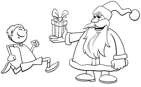 Black White Cartoon Illustration Santa Claus Character Giving Christmas Present — Stock Vector