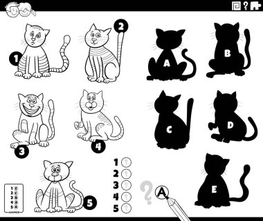 Kedili çocuklar için doğru gölgeleri bulmanın siyah beyaz çizgi film çizimi hayvan karakterleri boyama sayfası