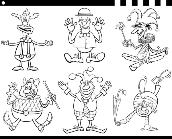Illustration Noir Blanc Personnages Comiques Clowns Drôles Colorier Ensemble — Image vectorielle