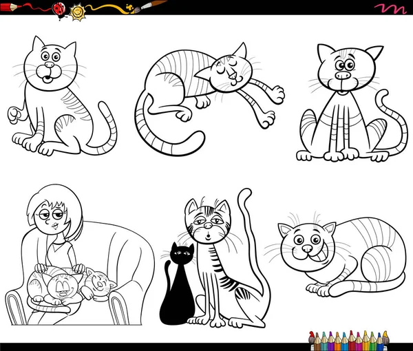 Black White Cartoon Illustration Funny Cats Kittens Animal Characters Set — Stock Vector