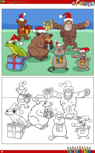 Komik Hayvan Karakterlerinin Karikatür Çizimi Noel Hediye Sayfası Boyama Sayfası — Stok Vektör