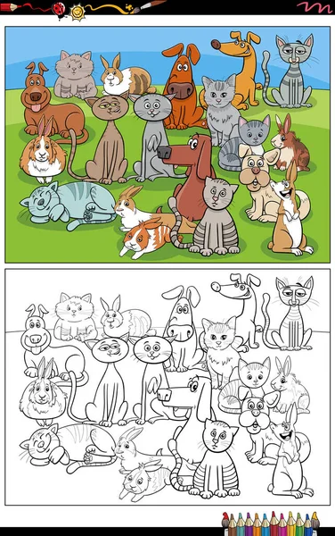 Карикатурная Иллюстрация Собак Кошек Групповая Раскраска Персонажей Животных — стоковый вектор