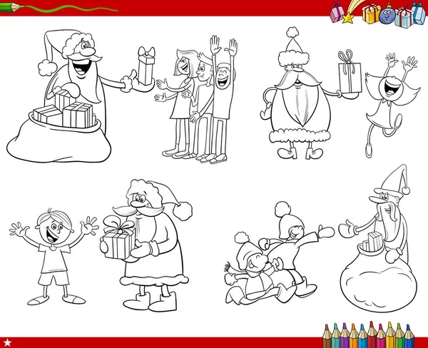 サンタクロースのキャラクターの黒と白の漫画のイラストは幸せな子供の着色ページにクリスマスプレゼントを与えます — ストックベクタ