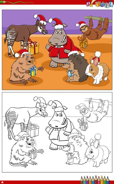 Cartoon Ilustrace Legrační Zvířecí Postavy Vánoční Dárky Zbarvení Stránky — Stockový vektor