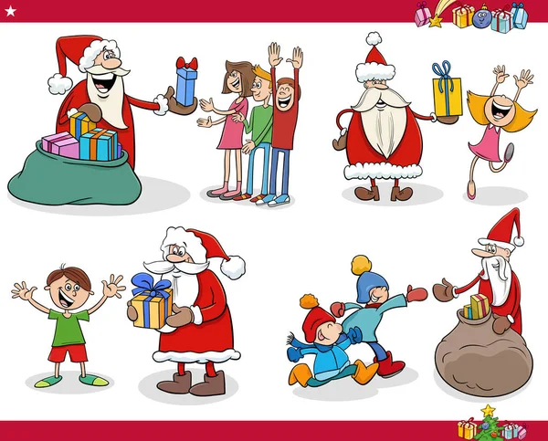 Ilustracja Kreskówek Santa Clauses Znaków Dając Prezenty Świąteczne Dla Szczęśliwych — Wektor stockowy