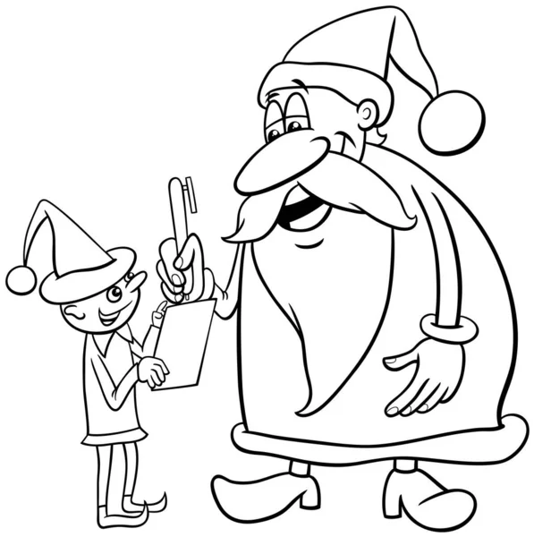 Dibujos Animados Blanco Negro Ilustración Santa Claus Con Elfo Navidad — Vector de stock