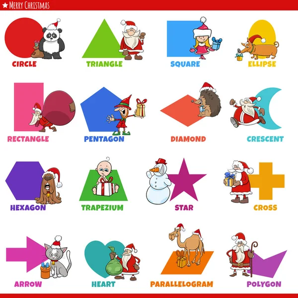 Educational Cartoon Illustration Geometric Shapes Captions Funny Christmas Holiday Characters — Stock Vector