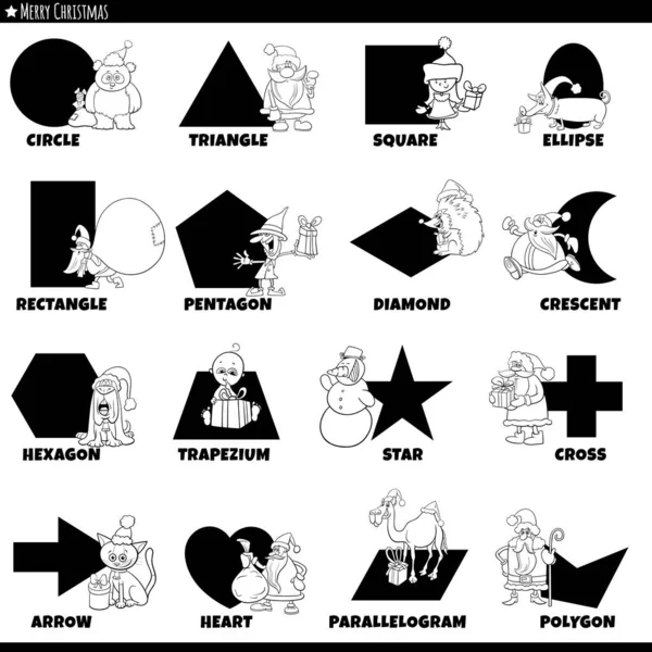 Fekete Fehér Oktatási Rajzfilm Illusztráció Geometriai Formák Feliratokkal Vicces Karácsonyi — Stock Vector