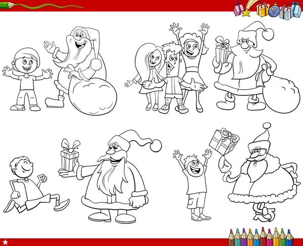 Noel Baba Karakterlerinin Çocuk Boyama Sayfasına Noel Hediyeleri Veren Karikatür — Stok Vektör