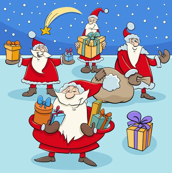 圣诞老人卡通人物与圣诞礼物的漫画插图 — 图库矢量图片