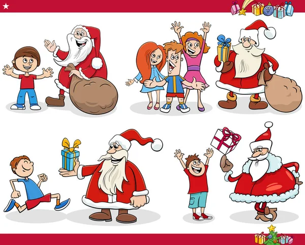 Cartoon Illustration Von Weihnachtsmännern Die Kindern Weihnachtsgeschenke Machen — Stockvektor