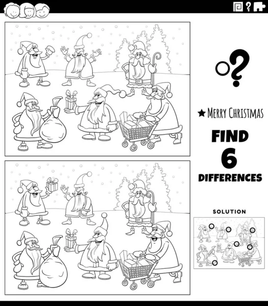 クリスマスの時間の着色ページ上のサンタクラスの文字を持つ子供のための絵教育ゲームの違いを見つけることの黒と白の漫画のイラスト — ストックベクタ