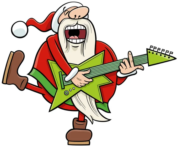 サンタクロースの漫画イラストは 電気ギターを演奏し クリスマスの時間に歌う — ストックベクタ