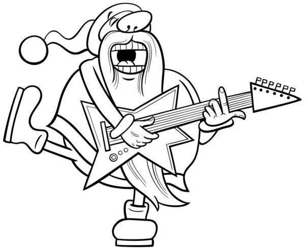 Černobílé Kreslené Ilustrace Santa Clause Hrající Elektrickou Kytaru Zpívající Vánoční — Stockový vektor